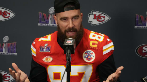 Kansas City Chiefs tight end Travis Kelce fields questions ahead of Super Bowl LVIII.
